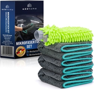 addhome Auto-Mikrofasertücher 1200 GSM für Auto und Haushalt, Reinigungsset aus 3X Mikrofasertuch 40 x 40 cm und Mikrofaser-Handschuh – kratzfrei, fadenfrei, extra saugstark und lackschonend - 1