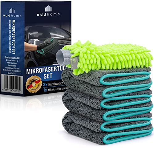 addhome Auto-Mikrofasertücher 1200 GSM für Auto und Haushalt, Reinigungsset aus 3X Mikrofasertuch 40 x 40 cm und Mikrofaser-Handschuh – kratzfrei, fadenfrei, extra saugstark und lackschonend - 1