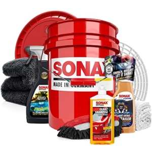 Autowäsche Set - SONAX: Autoshampoo Glanz Shampoo Konzentrat - SONAX Wascheimer mit Deckel & Schmutzfalle, Waschhandschuh mit Insekten Mesh - Autoreinigungsset Aussen - 1