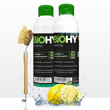 BiOHY Spülmittel (2 x 250ml) + Spülbürste | Bio Geschirrspülmittel ohne schädliche Chemikalien | Flüssiger Fettlöser für frischen Glanz | ideal für Spülmittelspender | biologisch abbaubar - 1