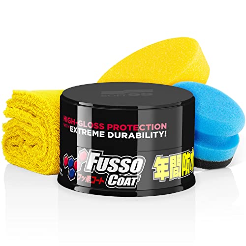detailmate Soft99 New Fusso Coat 12 Months Wax Dark Hartwachs Autowachs, Lackversiegelung, 200 gr für dunkle Lacke schwarz + langfloriges Mikrofaser Poliertuch + Polierschwamm + 2 Nitril-Handschuhe - 1