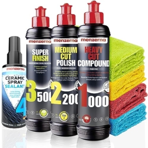 Menzerna Auto Polituren Set: Menzerna Heavy Cut Compound 1000 + Medium Cut Compound 2200 + Super Finish 3500 + MZ Wash Sachet + Power Lock Ultra Protection Sachet + 3x Mikrofasertuch 40x40cm - 1