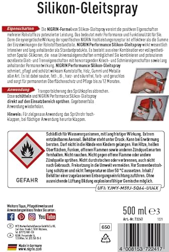 NIGRIN HyBrid Silikon-Gleitspray, kunststoffverträgliches, flüssiges Profi-Werkzeug, 500 ml - 6