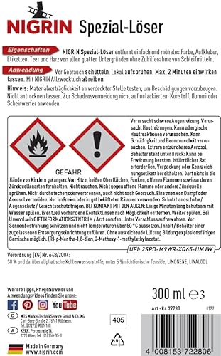 NIGRIN Speziallöser zum einfachen und mühelosen Entfernen von Farben, Etiketten, Aufklebern, Teer und Harz von glatten Untergründen, frei von Schleifmitteln, 300 ml - 6