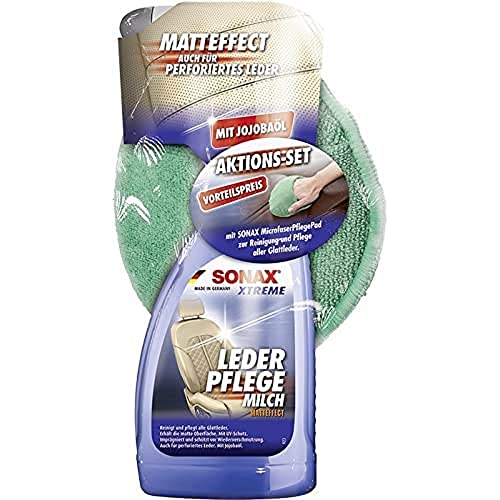 SONAX XTREME LederPflegeMilch (500 ml) mit MicrofaserPad (1 Stück) AktionsSet zur Reinigung und Pflege von glattem Echt- & Kunstleder | Art-Nr. 02547410 - 1