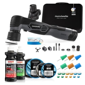 chemicalworkz EVO Mini Akku Poliermaschine 25-teiliges Set I Exzenter & Rotation I mit Akkus Adaptern Stütztellern Pads Sonax-Polituren und Zubehör - 1