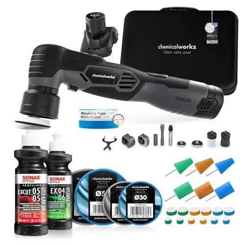 chemicalworkz EVO Mini Akku Poliermaschine 25-teiliges Set I Exzenter & Rotation I mit Akkus Adaptern Stütztellern Pads Sonax-Polituren und Zubehör - 1