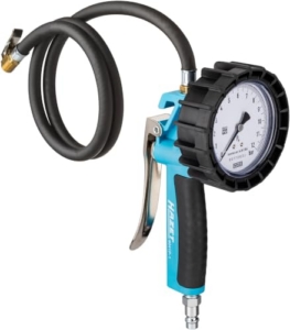 HAZET Reifenfüll-Messgerät, geeicht 9041G-1, Manometer-⌀ 80 mm | 585 g, 0-10 bar, Schlauchlänge 1000mm, Schlauch mit integriertem Momentstecknippel, für PKW, Motorrad usw. - 1
