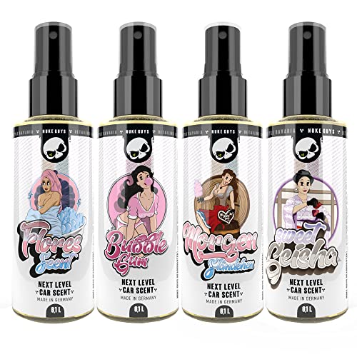 Nuke Guys Car Scents Set | 4 x 100ml Auto Duft Spray Autoparfüm | 1x Sweet Geisha 1x Bubblegum 1x Morgenständchen 1x Flores Scent - Praktischer Lufterfrischer | angenehmer Autoduft für den Innenraum - 1