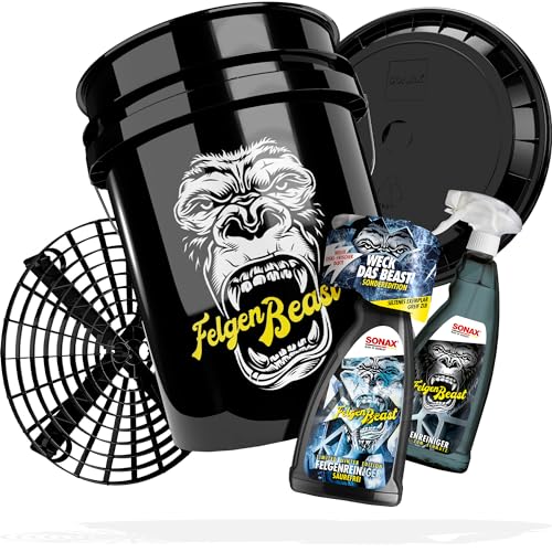 SONAX Auto Felgenreinigung Bundle | Auto Reinigungsset - Wascheimer Felgenbeast mit Deckel + Grit Guard Eimereinsatz | 2X Felgenbeast Felgenreiniger 1 Liter - 1